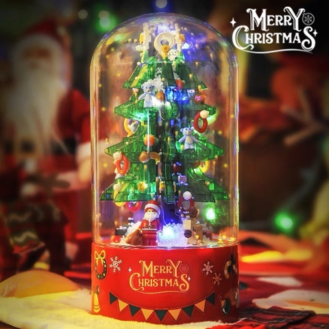 Hộp nhạc giáng sinh lắp ghép xếp hình người tuyết, cây thông noel có tuyết rơi tự động xoay 360 độ và đèn bắt mắt