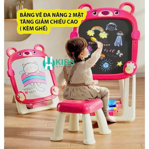 Bảng vẽ sáng tạo đa năng 2 mặt kèm ghế có thể thay đổi chiều cao, gấp gọn tiện lợi, đủ bộ bút tô màu hình gấu cho bé