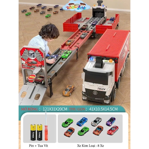 Đồ chơi xe tải container cỡ lớn biến dạng bãi đỗ xe kết hợp đường đua dài 1m3 có đèn nhạc kèm sẵn 8 ô tô hợp kim cho bé