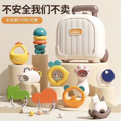 Bộ đồ chơi xúc xắc, gặm nướu mọc răng, lục lạc 10 món cao cấp kèm vali đựng có thể đun sôi tiệt trùng cho bé sơ sinh