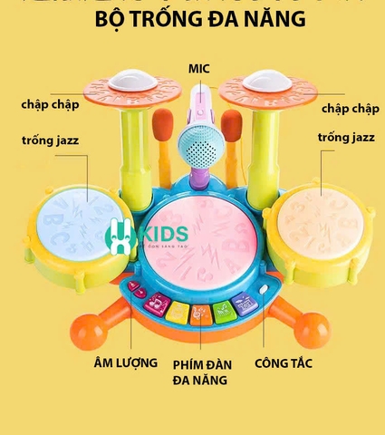 Đồ chơi trống Jazz Drum cỡ lớn có đèn phím đàn piano đa năng kèm micro hát giáo dục âm nhạc sớm cho bé từ 6 tháng tuổi