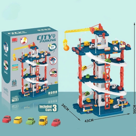 Đồ Chơi Bãi Đỗ Xe 3 Tầng Cho Bé Kèm 3 Xe – Đường Ray Ô Tô City Parking Có Cần Cẩu, Lắp Ráp DIY
