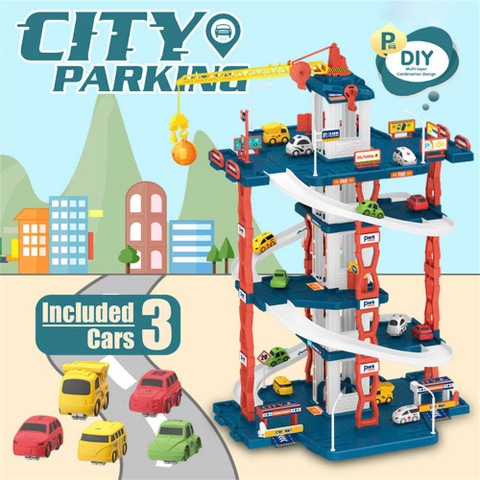 Đồ Chơi Bãi Đỗ Xe 3 Tầng Cho Bé Kèm 3 Xe – Đường Ray Ô Tô City Parking Có Cần Cẩu, Lắp Ráp DIY
