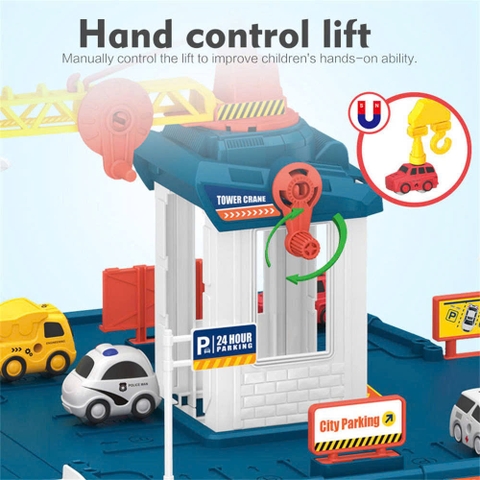 Đồ Chơi Bãi Đỗ Xe 3 Tầng Cho Bé Kèm 3 Xe – Đường Ray Ô Tô City Parking Có Cần Cẩu, Lắp Ráp DIY