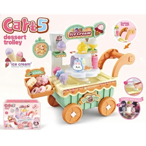 Đồ Chơi Xe Đẩy Bán Kem Cho Bé Có Đèn Nhạc – Set Quầy Kem Mini Kèm Phụ Kiện, Nhập Vai Bán Hàng