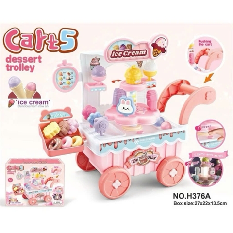 Đồ Chơi Xe Đẩy Bán Kem Cho Bé Có Đèn Nhạc – Set Quầy Kem Mini Kèm Phụ Kiện, Nhập Vai Bán Hàng