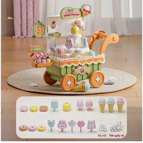 Đồ Chơi Xe Đẩy Bán Kem Cho Bé Có Đèn Nhạc – Set Quầy Kem Mini Kèm Phụ Kiện, Nhập Vai Bán Hàng