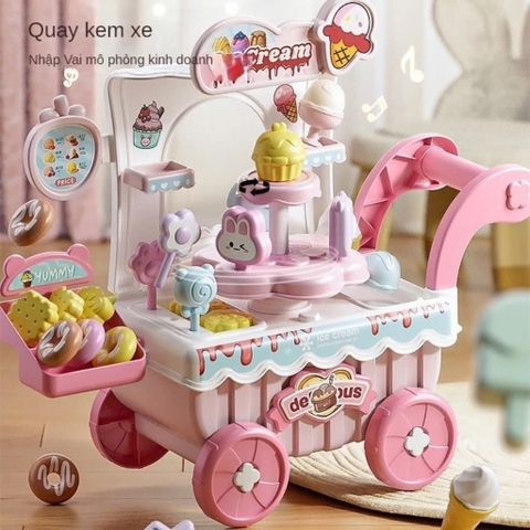 Đồ Chơi Xe Đẩy Bán Kem Cho Bé Có Đèn Nhạc – Set Quầy Kem Mini Kèm Phụ Kiện, Nhập Vai Bán Hàng