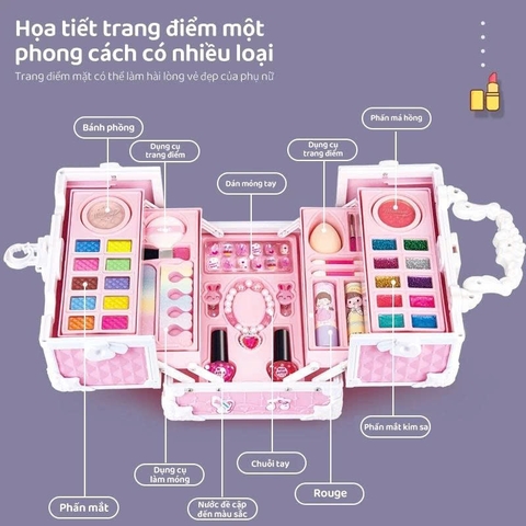 Bộ cốp trang điểm cao cấp cho bé gái, bộ đồ chơi trang điểm thật đầy đủ phụ kiện an toàn, dễ thương cho trẻ em