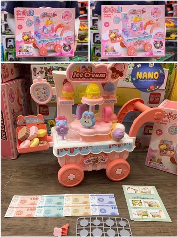 Đồ Chơi Xe Đẩy Bán Kem Cho Bé Có Đèn Nhạc – Set Quầy Kem Mini Kèm Phụ Kiện, Nhập Vai Bán Hàng