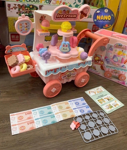 Đồ Chơi Xe Đẩy Bán Kem Cho Bé Có Đèn Nhạc – Set Quầy Kem Mini Kèm Phụ Kiện, Nhập Vai Bán Hàng
