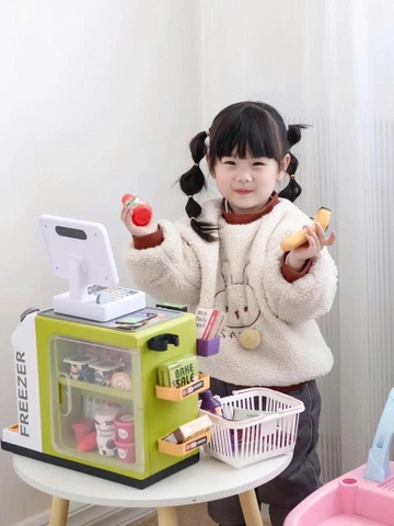 Bộ đồ chơi siêu thị mini cho bé kèm máy quét tính tiền 46 chi tiết – quầy bán hàng mô phỏng có đèn âm thanh