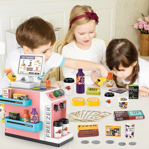 Bộ đồ chơi siêu thị mini cho bé kèm máy quét tính tiền 46 chi tiết – quầy bán hàng mô phỏng có đèn âm thanh