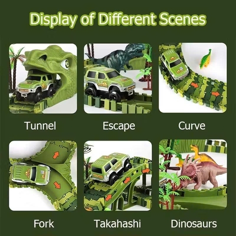 Đồ chơi đường ray khủng long lắp ráp cho bé kèm xe chạy pin – bộ track dinosaur công viên khủng long uốn cong linh hoạt