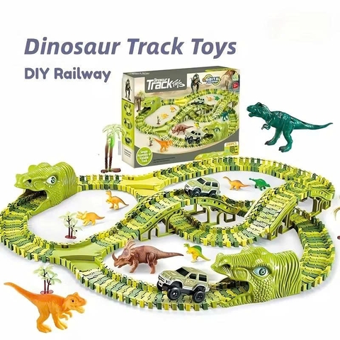 Đồ chơi đường ray khủng long lắp ráp cho bé kèm xe chạy pin – bộ track dinosaur công viên khủng long uốn cong linh hoạt