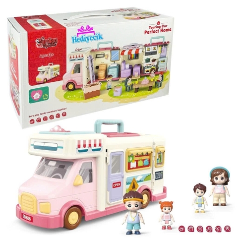 Xe cắm trại mở ra thành ngôi nhà búp bê có đèn nhạc – đồ chơi xe du lịch 2in1 cho bé gái siêu xinh