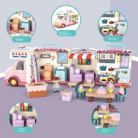 Xe cắm trại mở ra thành ngôi nhà búp bê có đèn nhạc – đồ chơi xe du lịch 2in1 cho bé gái siêu xinh