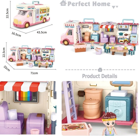 Xe cắm trại mở ra thành ngôi nhà búp bê có đèn nhạc – đồ chơi xe du lịch 2in1 cho bé gái siêu xinh