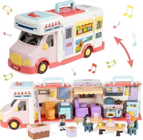 Xe cắm trại mở ra thành ngôi nhà búp bê có đèn nhạc – đồ chơi xe du lịch 2in1 cho bé gái siêu xinh