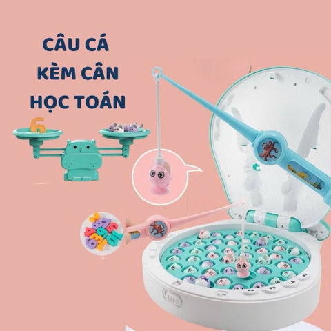 Đồ Chơi Câu Cá Nam Châm kèm cân toán học có phát nhạc Tiếng Anh, thẻ bảng chữ số, sạc pin bằng USB và 45 cá nhỏ
