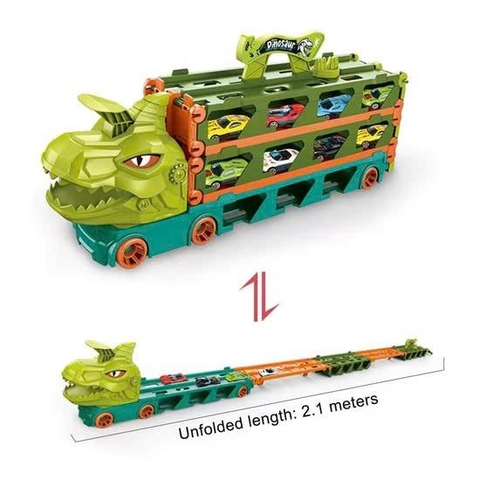 Xe tải container vận chuyển khủng long cỡ lớn biến hình đường ray ô tô siêu tốc dài 2m1 kèm nhiều ô tô cho bé