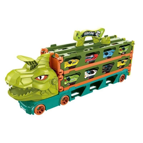 Xe tải container vận chuyển khủng long cỡ lớn biến hình đường ray ô tô siêu tốc dài 2m1 kèm nhiều ô tô cho bé