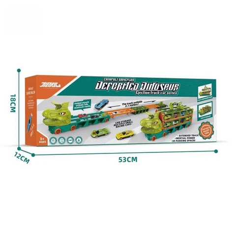 Xe tải container vận chuyển khủng long cỡ lớn biến hình đường ray ô tô siêu tốc dài 2m1 kèm nhiều ô tô cho bé