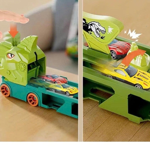Xe tải container vận chuyển khủng long cỡ lớn biến hình đường ray ô tô siêu tốc dài 2m1 kèm nhiều ô tô cho bé