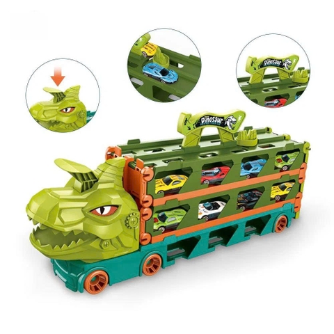 Xe tải container vận chuyển khủng long cỡ lớn biến hình đường ray ô tô siêu tốc dài 2m1 kèm nhiều ô tô cho bé