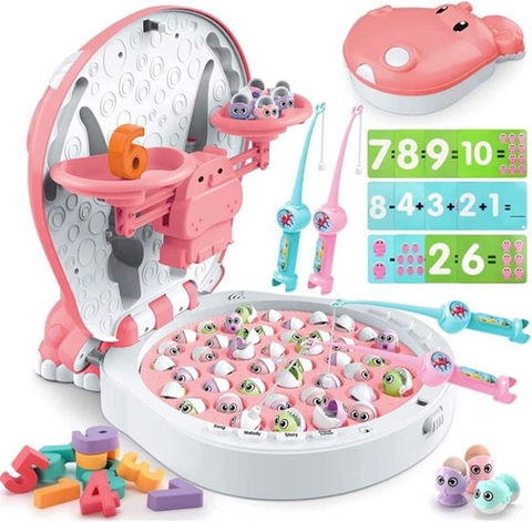 Đồ Chơi Câu Cá Nam Châm kèm cân toán học có phát nhạc Tiếng Anh, thẻ bảng chữ số, sạc pin bằng USB và 45 cá nhỏ