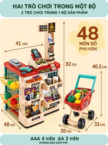 Đồ chơi quầy bán hàng siêu thị cỡ lớn kèm xe đẩy với máy quẹt thẻ, mã vạch có hiệu ứng âm thanh ánh sáng cho bé