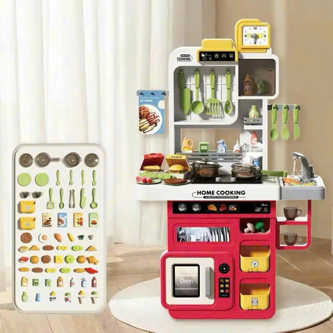 Đồ chơi nhà bếp cỡ lớn cao 72cm - 100cm nấu ăn có máy hấp trứng, vòi nước kèm hiệu ứng đèn âm thanh cho bé