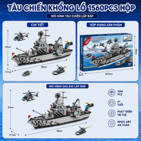 Lắp Tàu Chiến Khổng Lồ, mô hình tàu chiến 6 in 1, ghép máy bay, tàu chiến, xe tăng, giúp bé sáng tạo