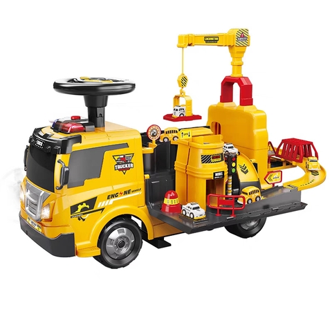Xe Chòi Chân Trucker Vàng Có Cần Cẩu Cho Bé – Biến Hình Gara 2in1, Kèm 4 Xe Mini – Mã ZH913
