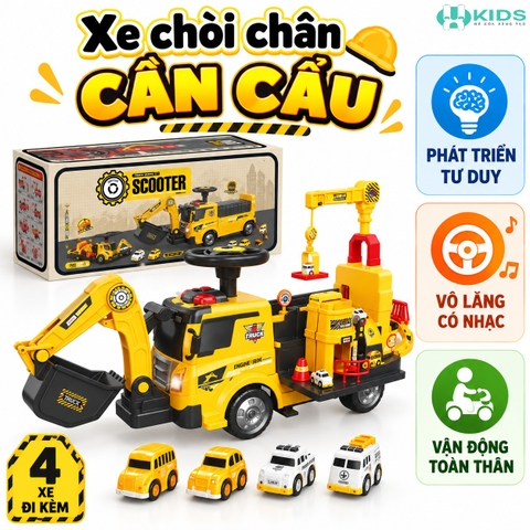 Xe Chòi Chân Máy Xúc Có Cần Cẩu Cho Bé – Biến Hình Gara 2in1, Kèm 4 Xe Mini – Mã ZH922
