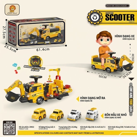 Xe Chòi Chân Máy Xúc Có Cần Cẩu Cho Bé – Biến Hình Gara 2in1, Kèm 4 Xe Mini – Mã ZH922