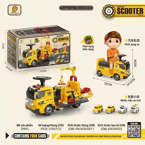 Xe Chòi Chân Trucker Vàng Có Cần Cẩu Cho Bé – Biến Hình Gara 2in1, Kèm 4 Xe Mini – Mã ZH913