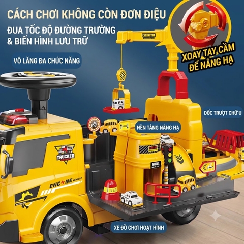Xe Chòi Chân Trucker Vàng Có Cần Cẩu Cho Bé – Biến Hình Gara 2in1, Kèm 4 Xe Mini – Mã ZH913