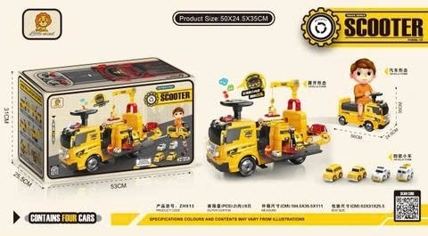 Xe Chòi Chân Trucker Vàng Có Cần Cẩu Cho Bé – Biến Hình Gara 2in1, Kèm 4 Xe Mini – Mã ZH913