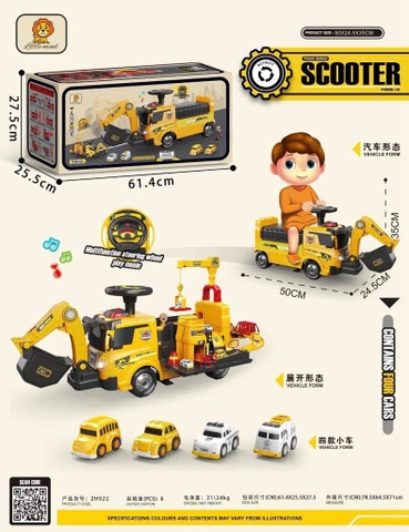 Xe Chòi Chân Máy Xúc Có Cần Cẩu Cho Bé – Biến Hình Gara 2in1, Kèm 4 Xe Mini – Mã ZH922