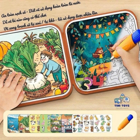 Sách Tô Màu Nước 2in1 XKIDS – Sổ Tô Màu Tái Sử Dụng Kèm Trò Chơi Bóc Dán Cho Bé