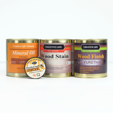 COMBO  BỘ SẢN PHẨM MINERAL OIL+ WOODSTAIN + WOOD FINISH + SÁP BEEWAX - LUXI DECOR