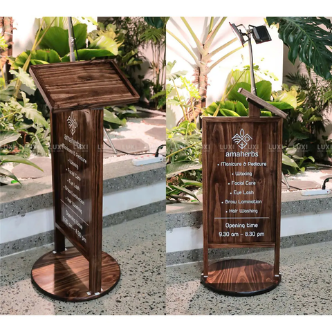 Standee Menu Gỗ Thông Chân Tròn Dựng Ngoài Trời 2in1 Khắc Laser hoặc in UV