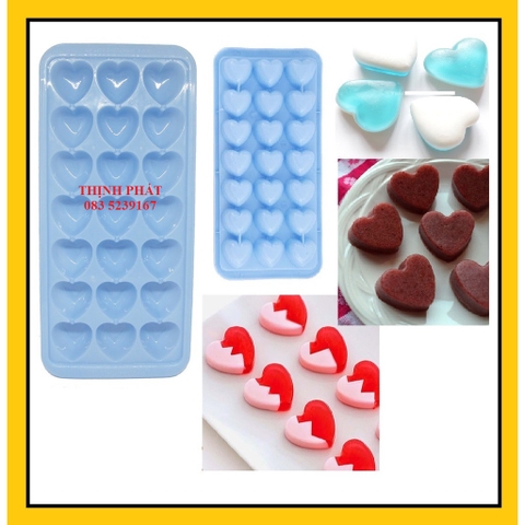 Bộ 3 khay làm đá - thạch rau câu 21 viên hình tim - Giao màu ngẫu nhiên