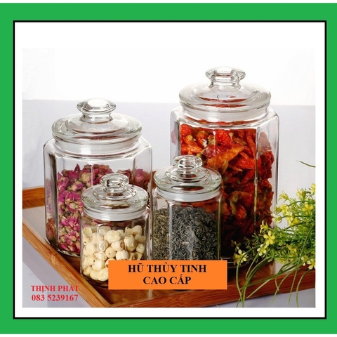 Hũ Lọ Thủy Tinh Lục Giác 8 cạnh Đựng Thực Phẩm, Gia Vị 900ml, 550ml, 380ml