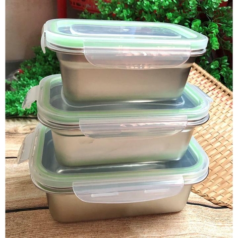 COMBO Bộ 3 Hộp BẢO QUẢN thực phẩm INOX 304 có NẮP. DỤng cụ đựng chứa trữ ĐA NĂNG trong tủ lạnh AN TOÀN SỨC KHOẺ đồ ăn luôn TƯƠI NGON CHUYÊN NGHIỆP