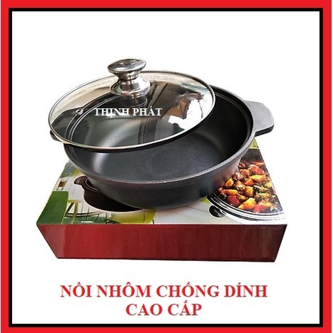 Nồi nhôm chống dính Cao cấp nấu lẩu Kho Cá Thịt Nắp Kiếng Sang Trọng nhiều kích cỡ 14/16/18 /20 /22 cm