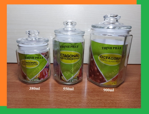 Hũ Lọ Thủy Tinh Lục Giác 8 cạnh Đựng Thực Phẩm, Gia Vị 900ml, 550ml, 380ml