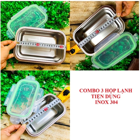 COMBO Bộ 3 Hộp BẢO QUẢN thực phẩm INOX 304 có NẮP. DỤng cụ đựng chứa trữ ĐA NĂNG trong tủ lạnh AN TOÀN SỨC KHOẺ đồ ăn luôn TƯƠI NGON CHUYÊN NGHIỆP