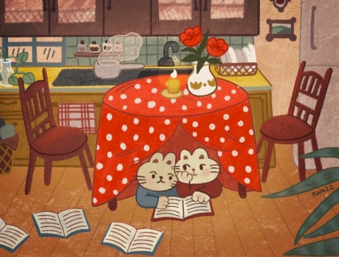 Tranh Pan vuông hai chú mèo đọc sách